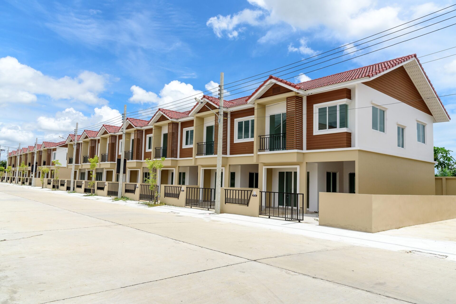 Row of just finished new brown townhouses