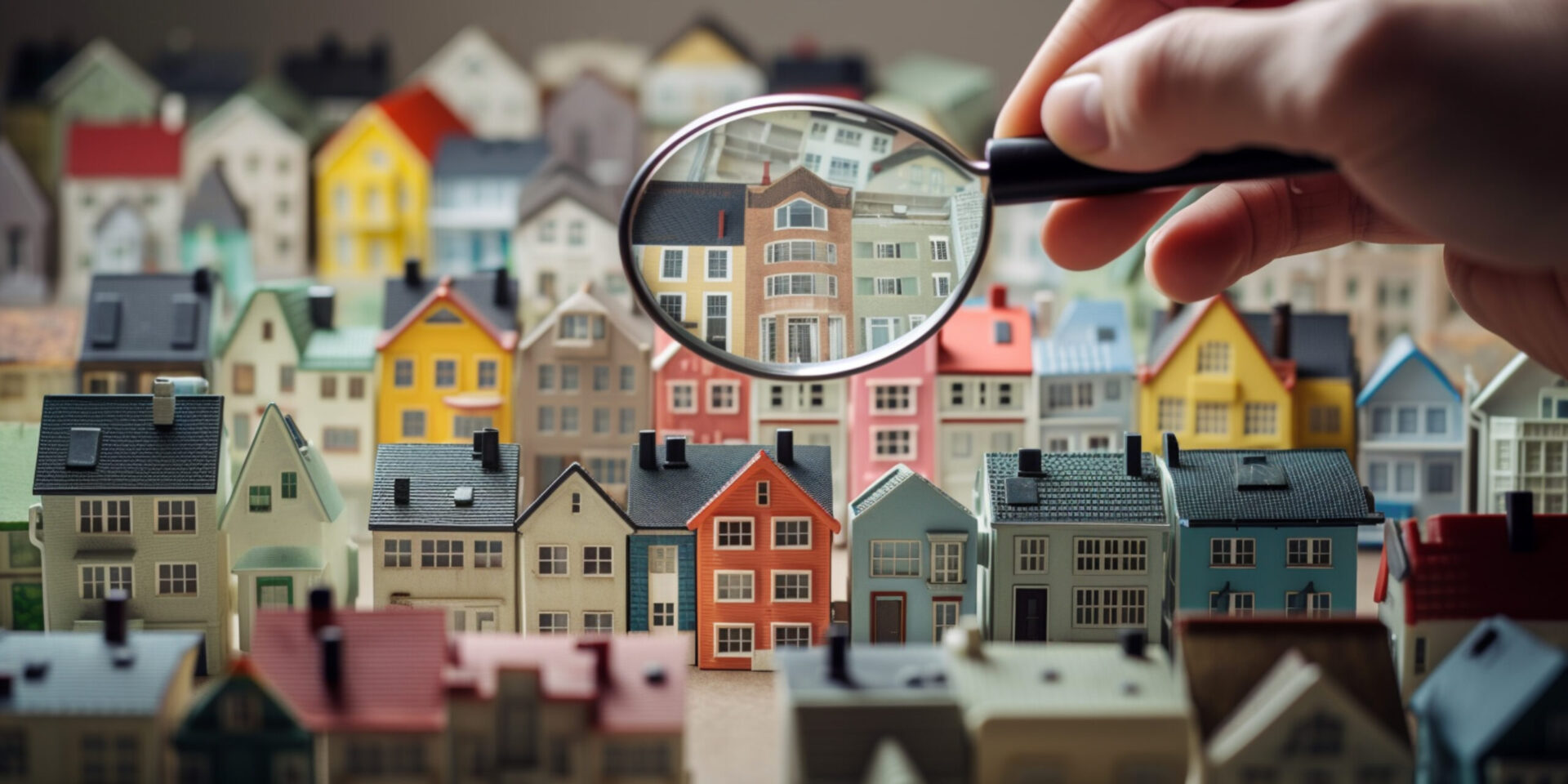 Collage with a magnifying glass and paper houses on hand. Real estate search concept